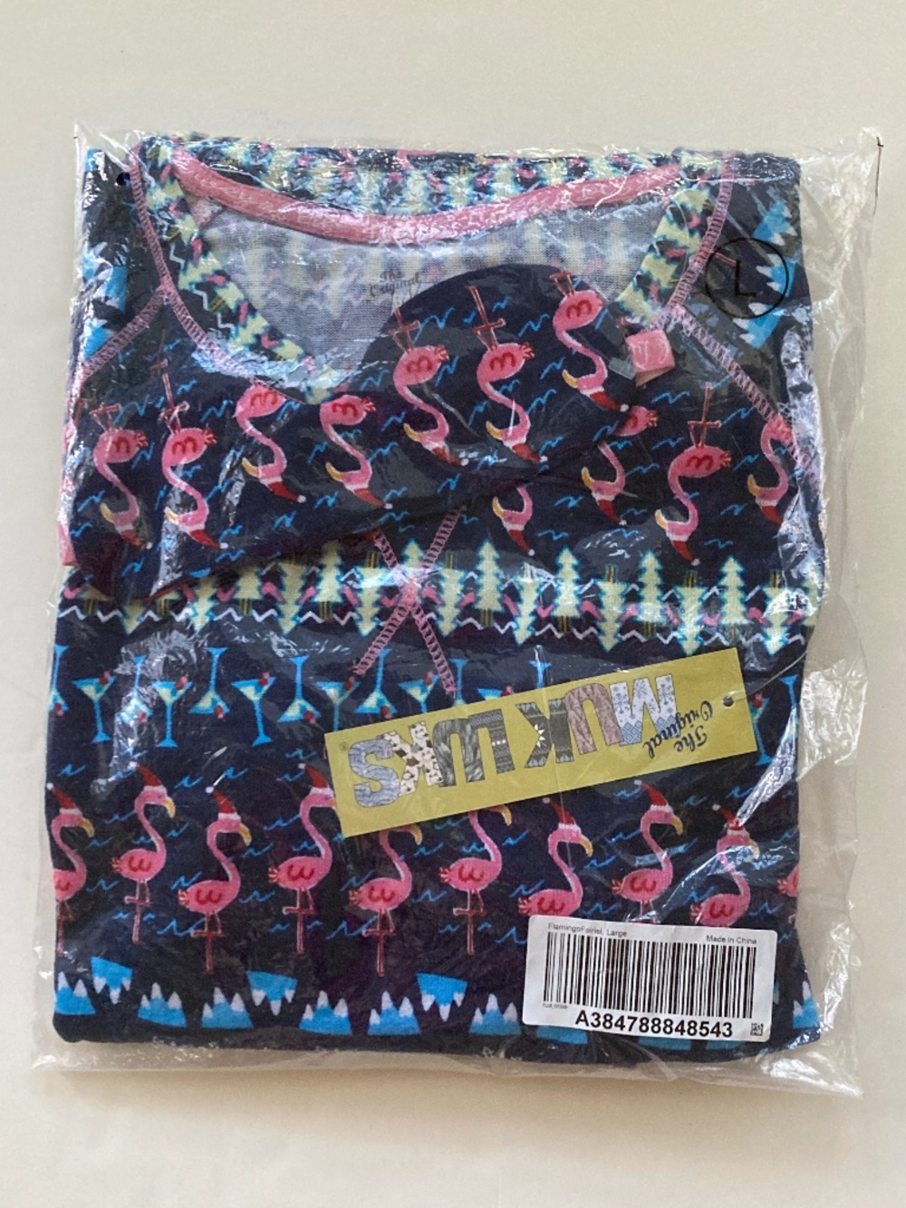 MUK LUKS Hacci Knit Novelty PJ Set With Eye Mask/Flamingo Fair Isle/Large/NWT!